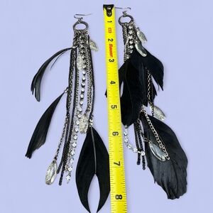 Black Feather and Chain Dangle Earrings